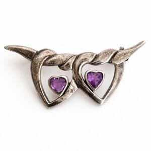 Vintage Sterling Silver Sweetheart Brooch Interlocking Hearts Amethyst Stones 6g